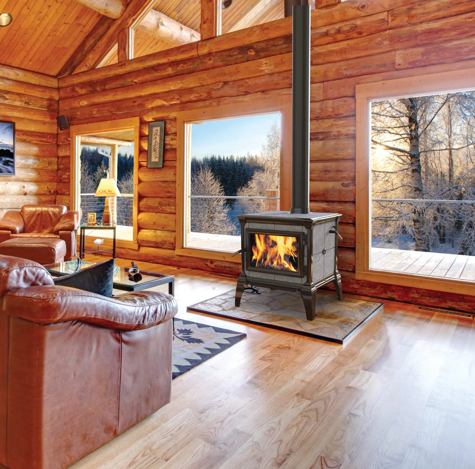 Hearthstone Mansfield 8013 wood stove burning in a log home living room in winter