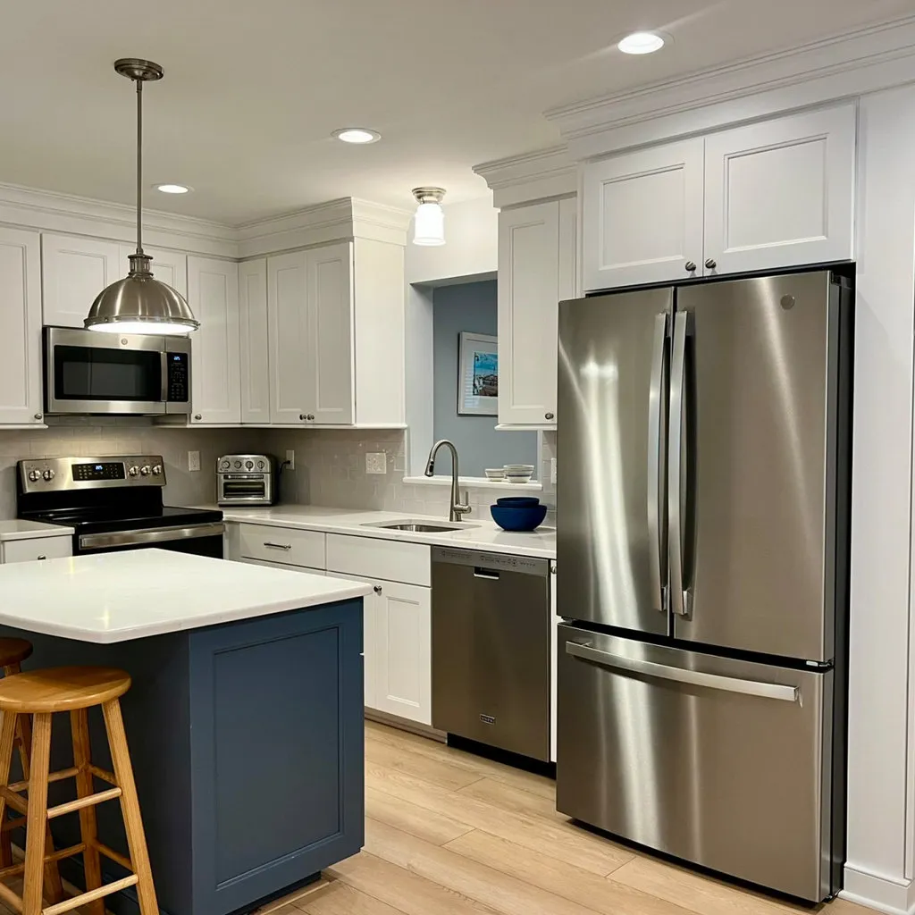 Compact L-shaped kitchen in Old Saybrook CT with white recessed-panel cabinets and subway tile