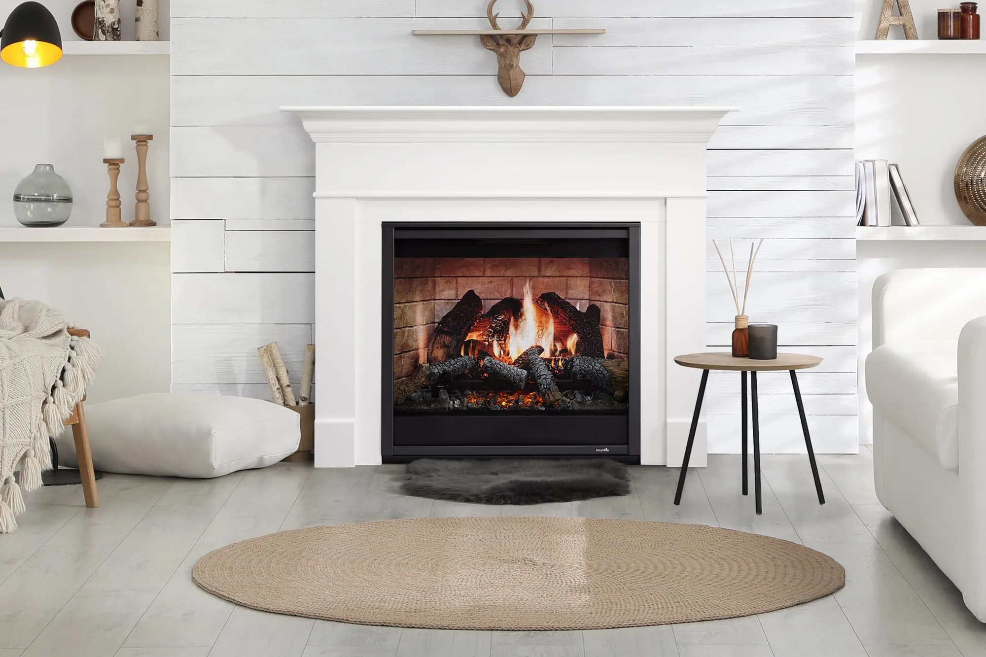 SimpliFire Inception electric fireplace set into a white painted mantel