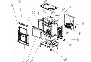 Exploded parts diagram of a wood stove